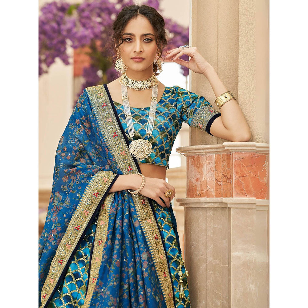 Odette Blue Art Silk Embroidered Semi Stitched Lehenga with Blouse and Dupatta (Set of 3)