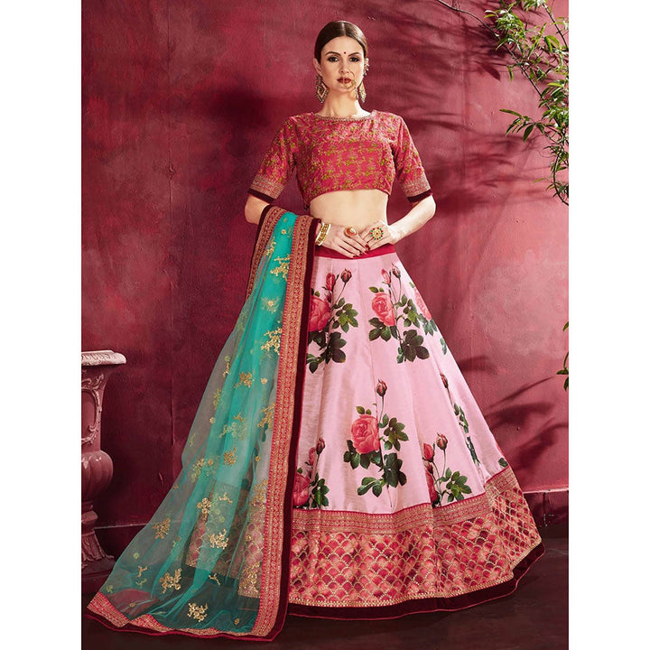 Odette Pink Silk Blend Printed Semi Stitched Lehenga with Blouse and Dupatta (Set of 3)