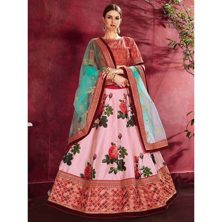 Odette Pink Silk Blend Printed Semi Stitched Lehenga with Blouse and Dupatta (Set of 3)