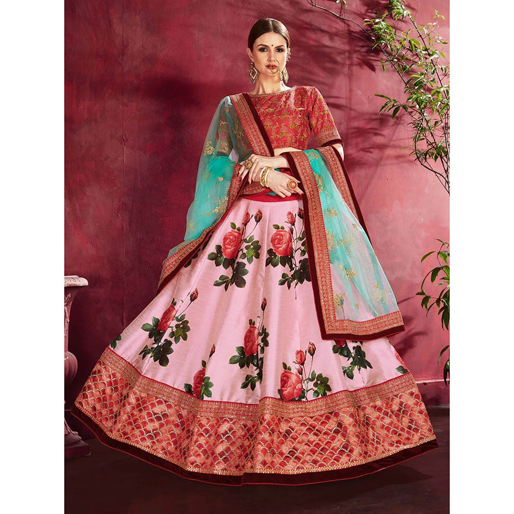 Odette Pink Silk Blend Printed Semi Stitched Lehenga with Blouse and Dupatta (Set of 3)