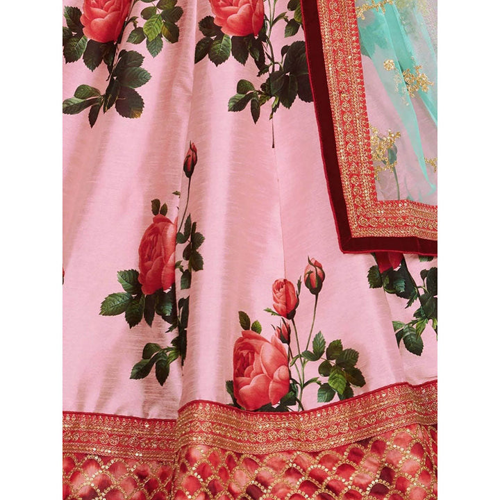 Odette Pink Silk Blend Printed Semi Stitched Lehenga with Blouse and Dupatta (Set of 3)