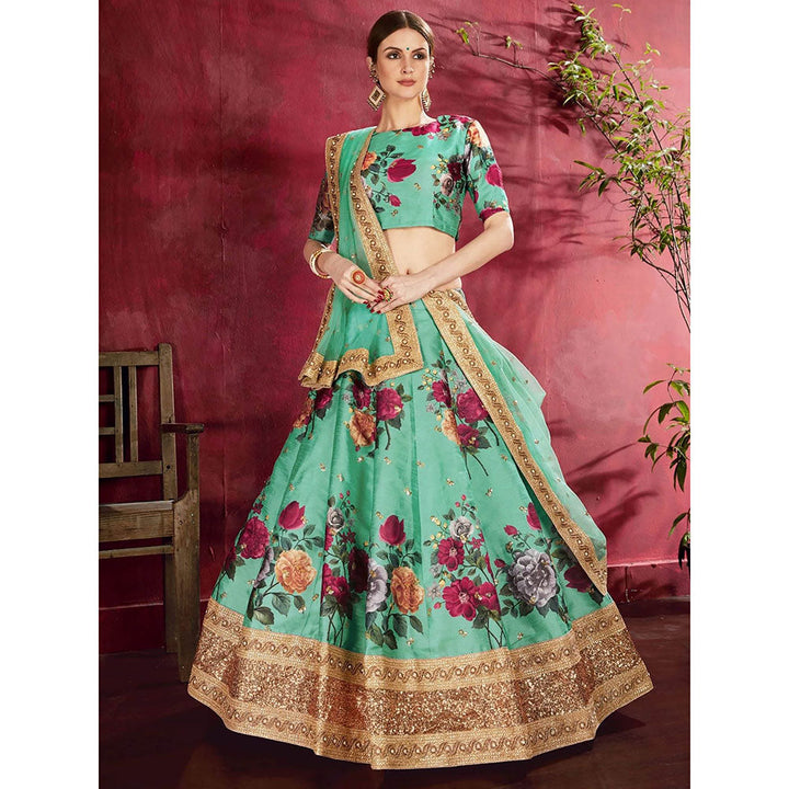 Odette Teal Silk Blend Printed Semi Stitched Lehenga with Blouse and Dupatta (Set of 3)