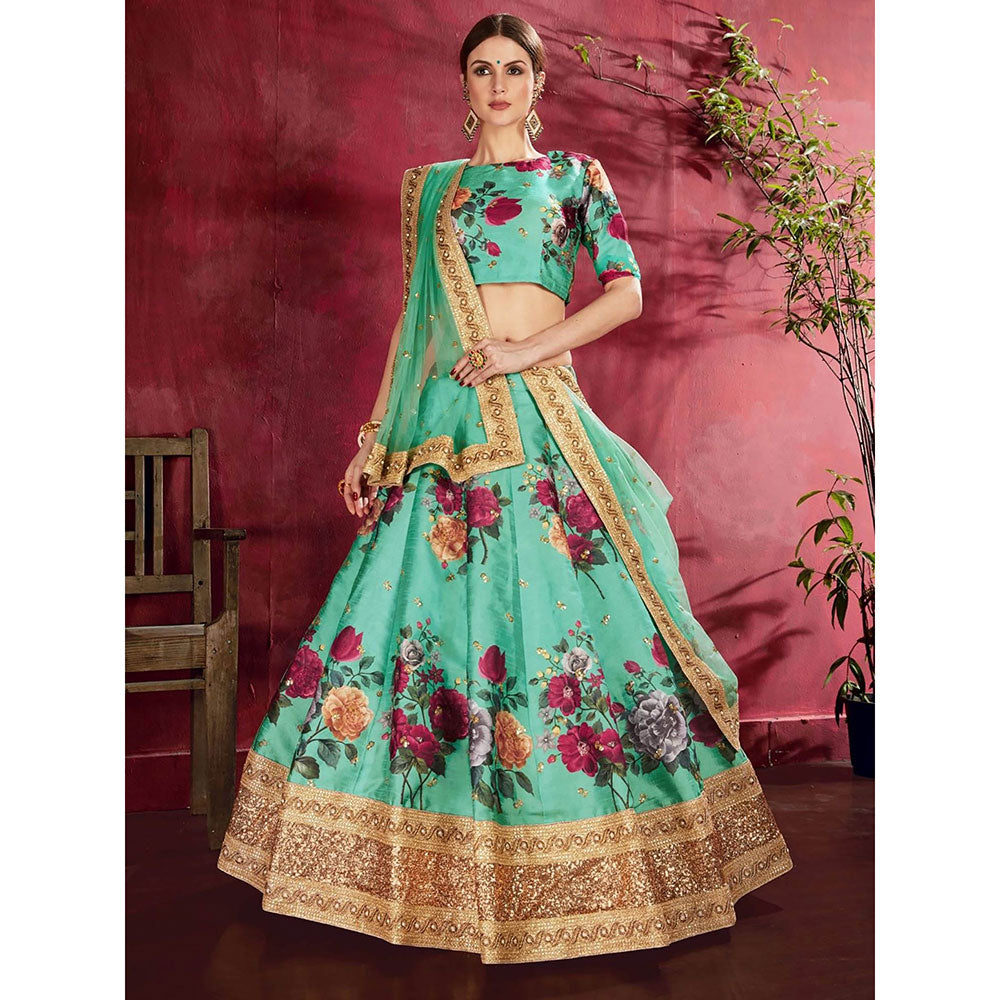 Odette Teal Silk Blend Printed Semi Stitched Lehenga with Blouse and Dupatta (Set of 3)