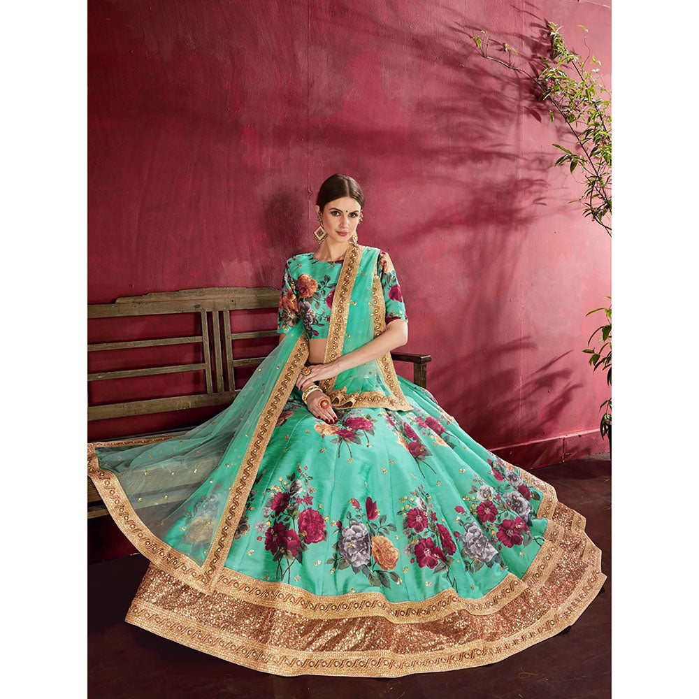 Odette Teal Silk Blend Printed Semi Stitched Lehenga with Blouse and Dupatta (Set of 3)