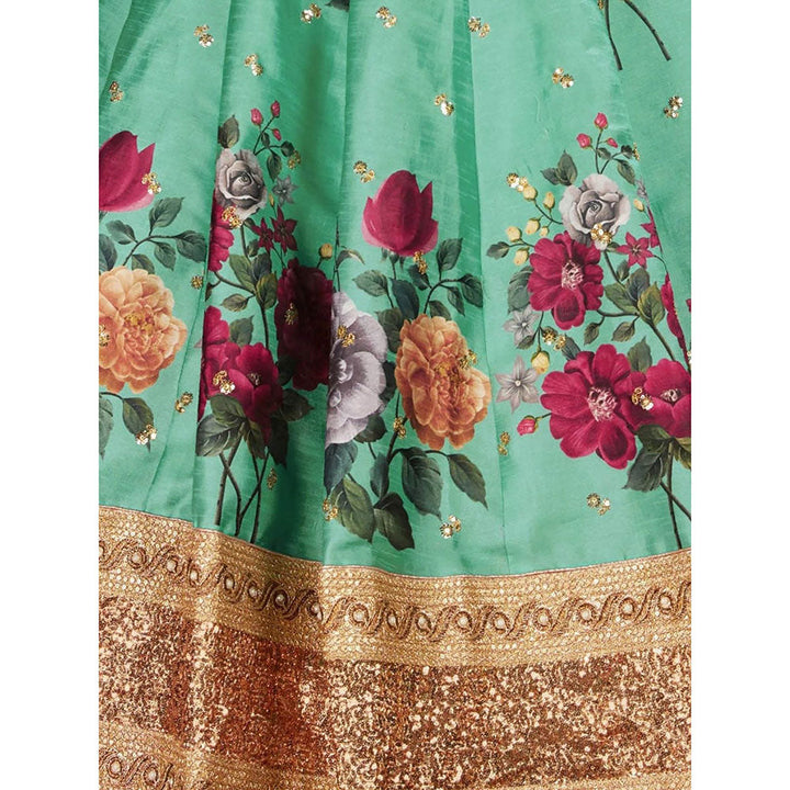 Odette Teal Silk Blend Printed Semi Stitched Lehenga with Blouse and Dupatta (Set of 3)