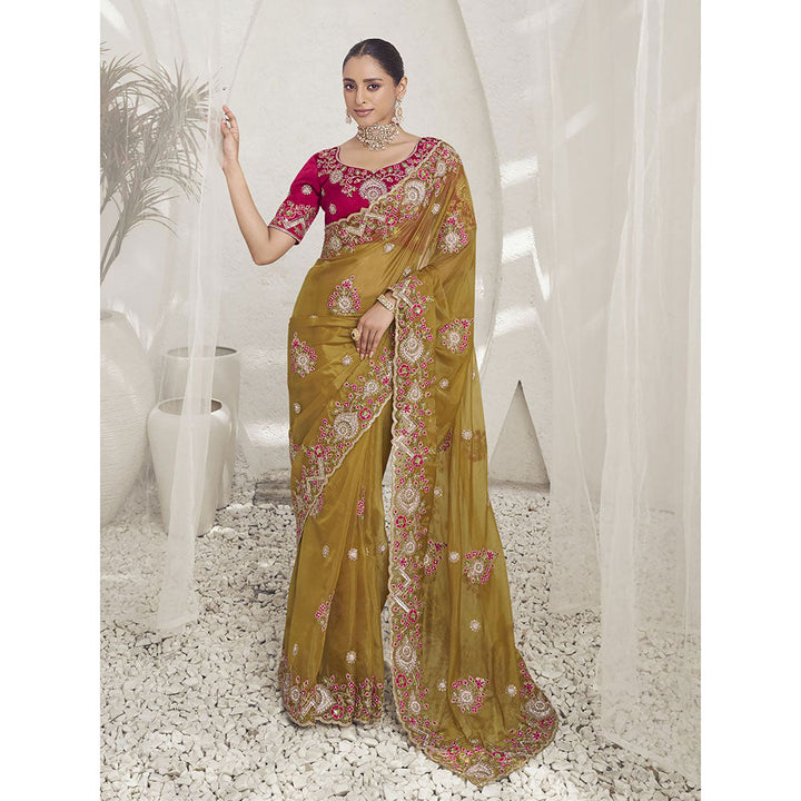 Odette Women Mustard Embroidered Silk Sequined Saree with Unstitched Blouse