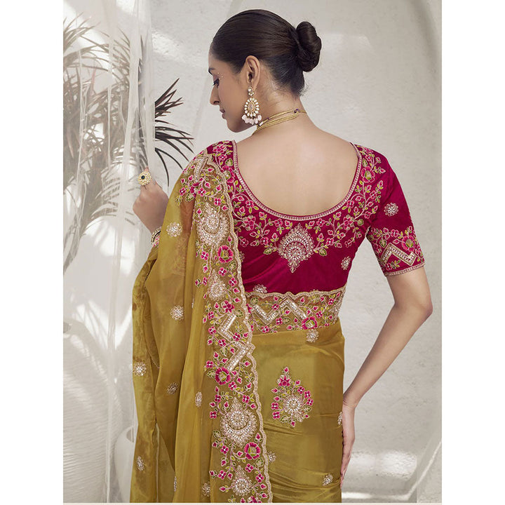 Odette Women Mustard Embroidered Silk Sequined Saree with Unstitched Blouse