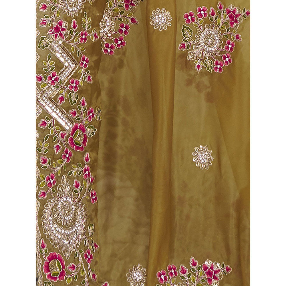 Odette Women Mustard Embroidered Silk Sequined Saree with Unstitched Blouse