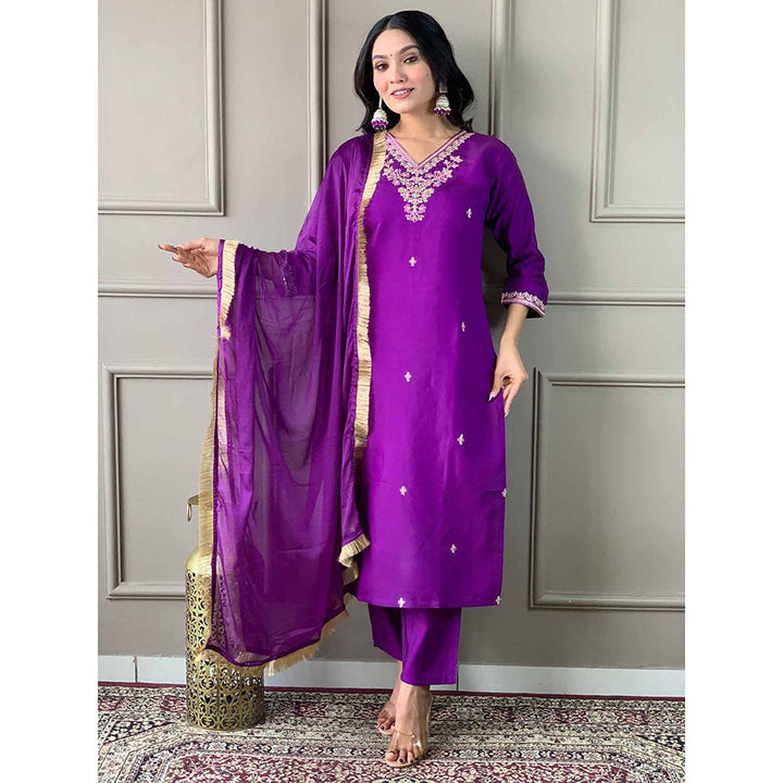 Odette Purple Embroidered Chanderi Stitched Kurta with Trouser & Dupatta (Set of 3)