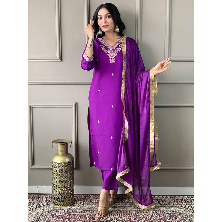 Odette Purple Embroidered Chanderi Stitched Kurta with Trouser & Dupatta (Set of 3)