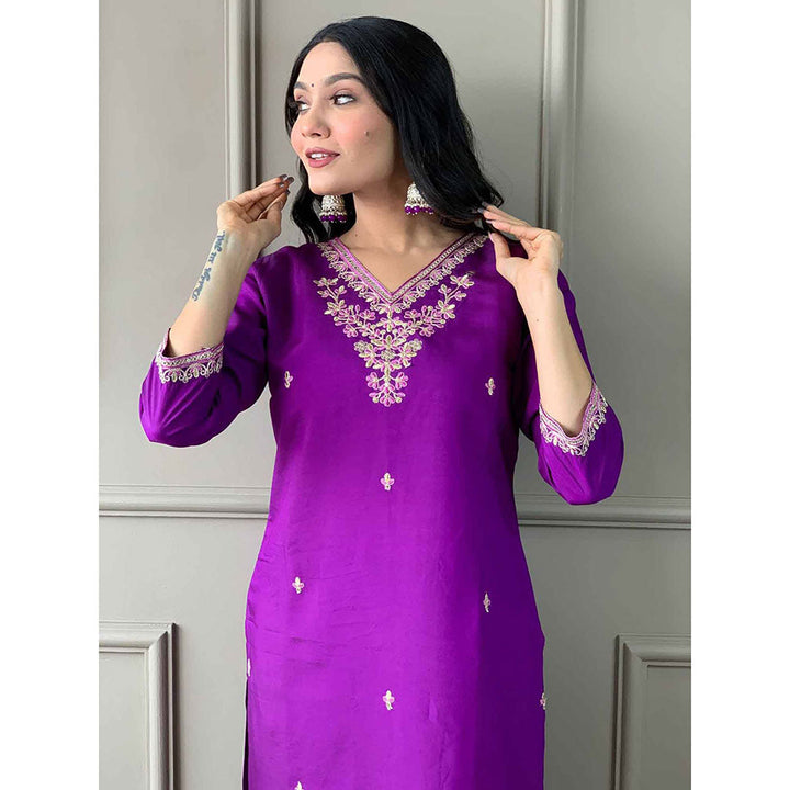 Odette Purple Embroidered Chanderi Stitched Kurta with Trouser & Dupatta (Set of 3)