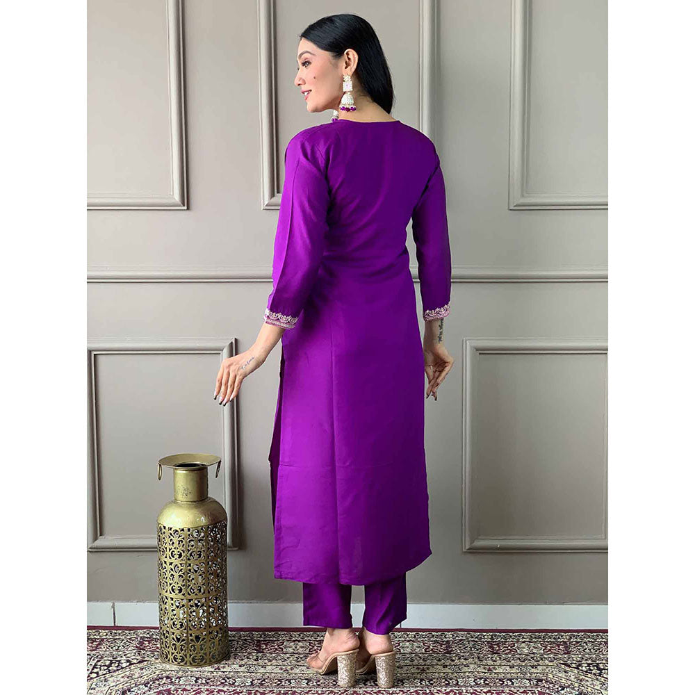 Odette Purple Embroidered Chanderi Stitched Kurta with Trouser & Dupatta (Set of 3)