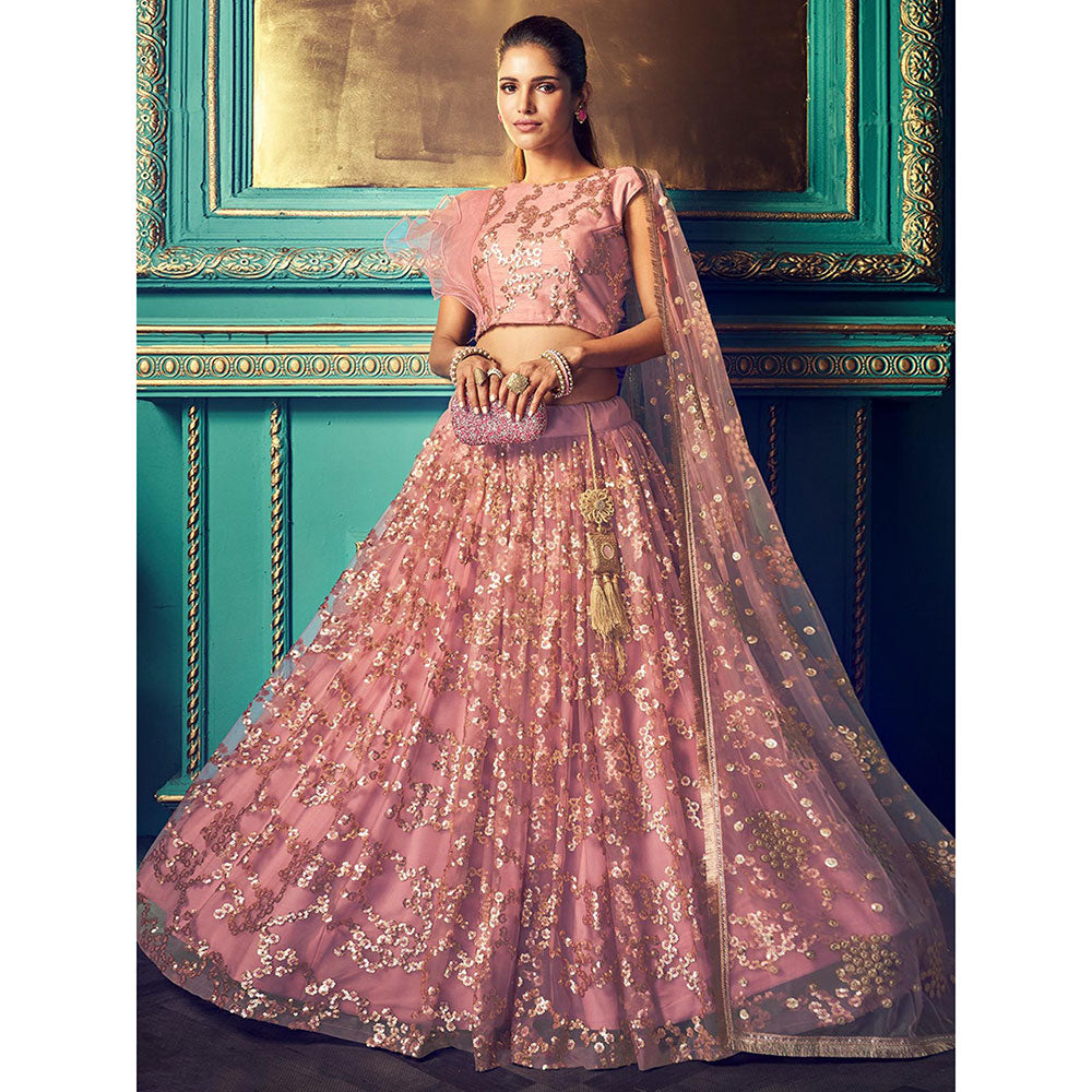 Odette Peach Sequined Net Semi Stitched Lehenga with Unstitched Blouse and Dupatta (Set of 3)