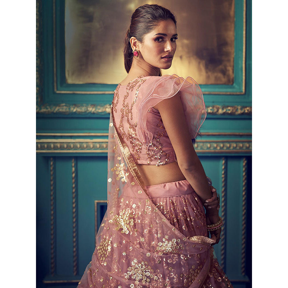 Odette Peach Sequined Net Semi Stitched Lehenga with Unstitched Blouse and Dupatta (Set of 3)