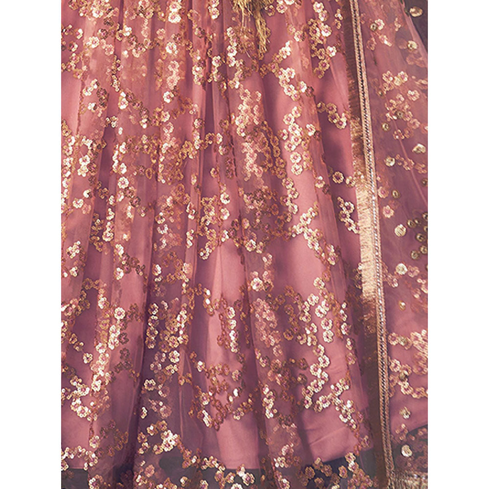 Odette Peach Sequined Net Semi Stitched Lehenga with Unstitched Blouse and Dupatta (Set of 3)