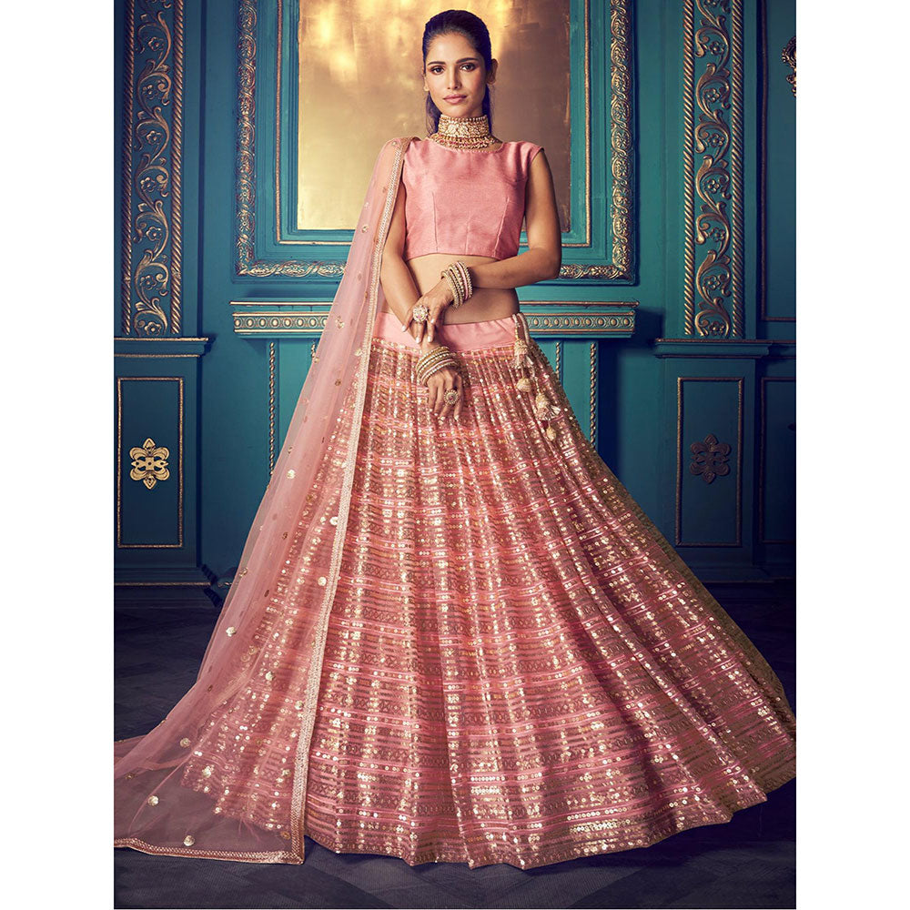 Odette Peach Net Semi Stitched Sequined Lehenga with Unstitched Blouse and Dupatta (Set of 3)