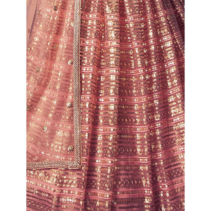 Odette Peach Net Semi Stitched Sequined Lehenga with Unstitched Blouse and Dupatta (Set of 3)