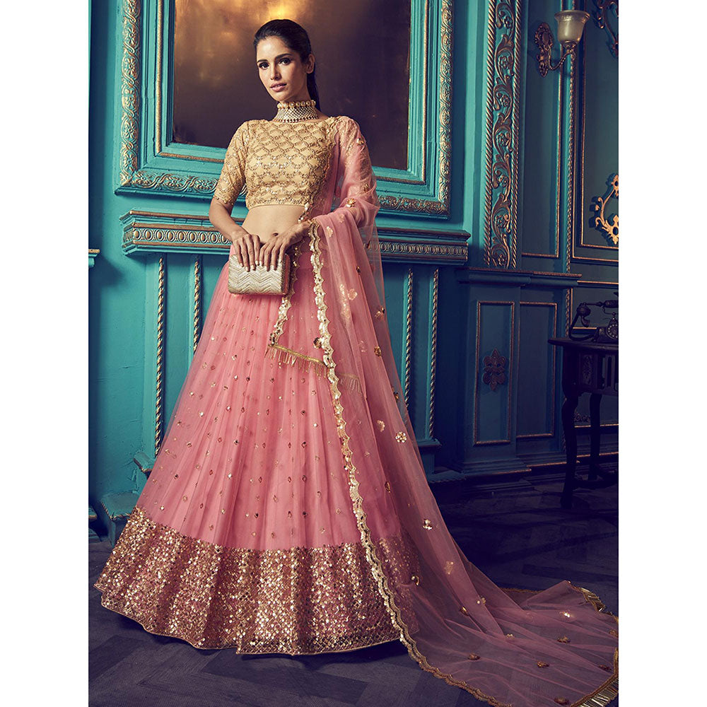 Odette Pink Sequined Net Semi Stitched Lehenga with Unstitched Blouse and Dupatta (Set of 3)