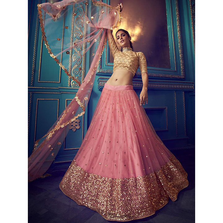 Odette Pink Sequined Net Semi Stitched Lehenga with Unstitched Blouse and Dupatta (Set of 3)