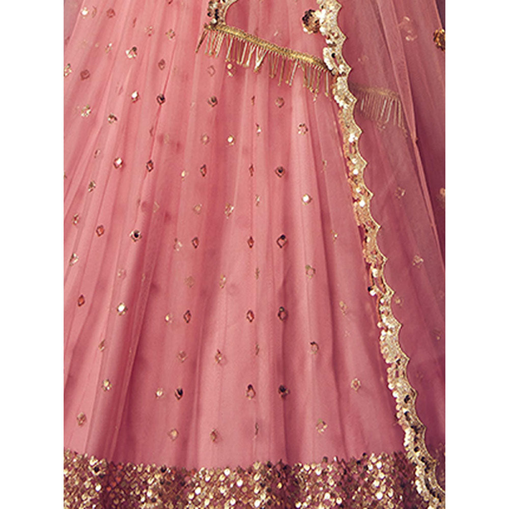 Odette Pink Sequined Net Semi Stitched Lehenga with Unstitched Blouse and Dupatta (Set of 3)