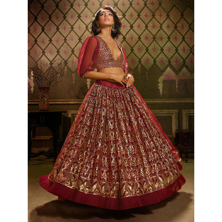 Odette Maroon Sequined Net Semi Stitched Lehenga with Unstitched Blouse and Dupatta (Set of 3)