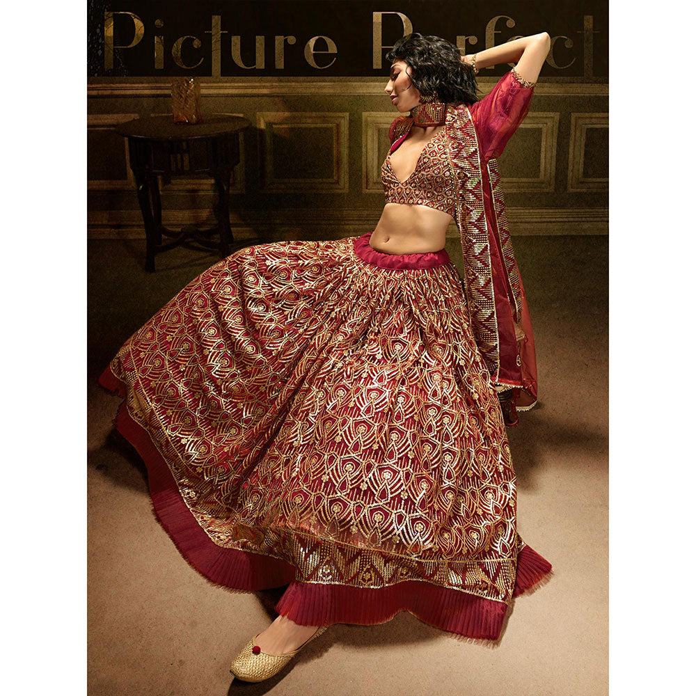 Odette Maroon Sequined Net Semi Stitched Lehenga with Unstitched Blouse and Dupatta (Set of 3)