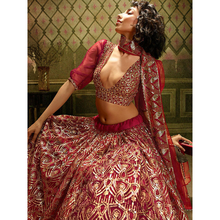 Odette Maroon Sequined Net Semi Stitched Lehenga with Unstitched Blouse and Dupatta (Set of 3)