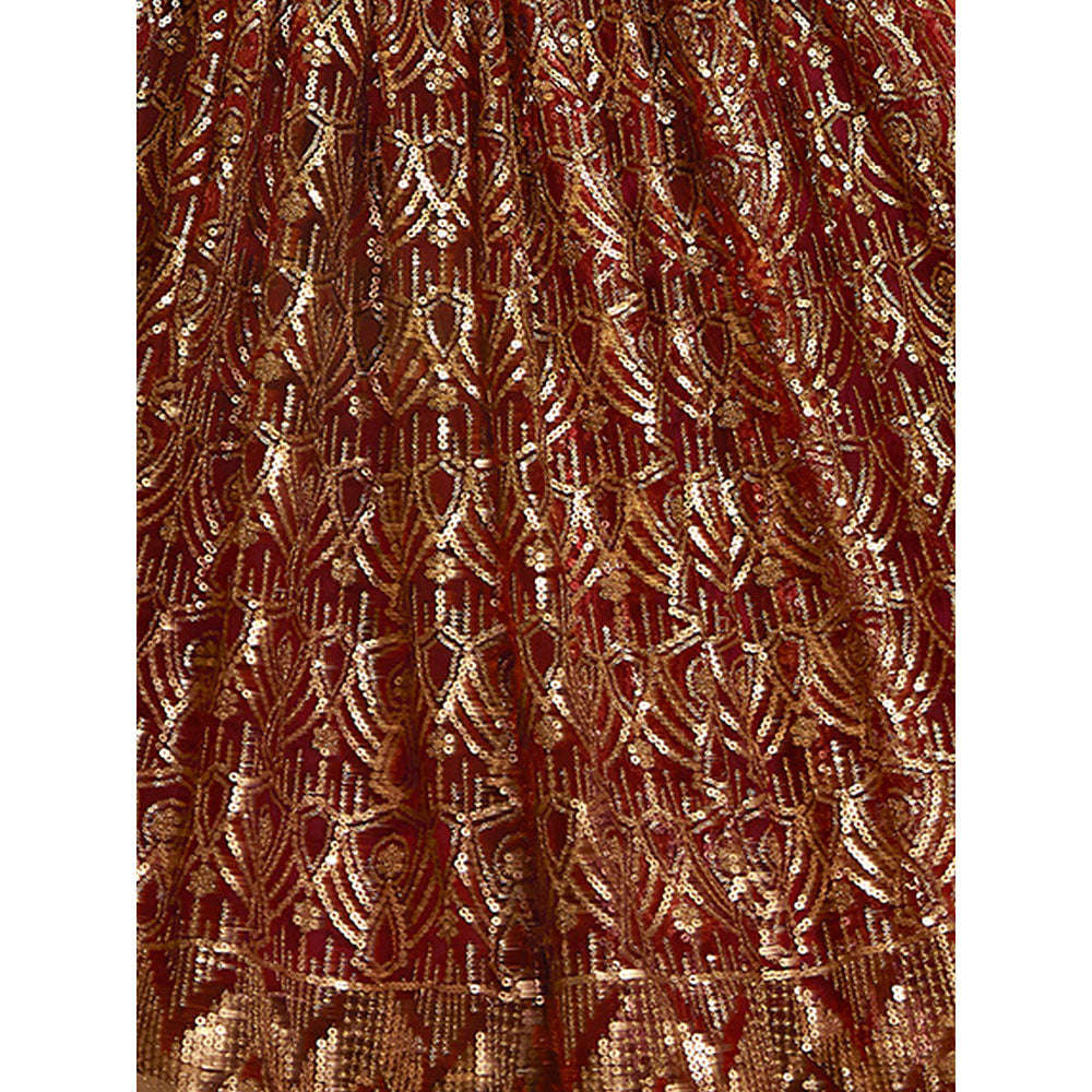 Odette Maroon Sequined Net Semi Stitched Lehenga with Unstitched Blouse and Dupatta (Set of 3)