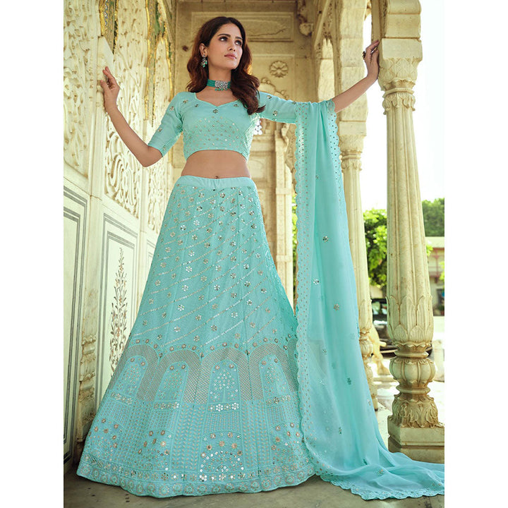 Odette Sea Green Embroidered Semi Stitched Lehenga with Unstitched Blouse and Dupatta (Set of 3)