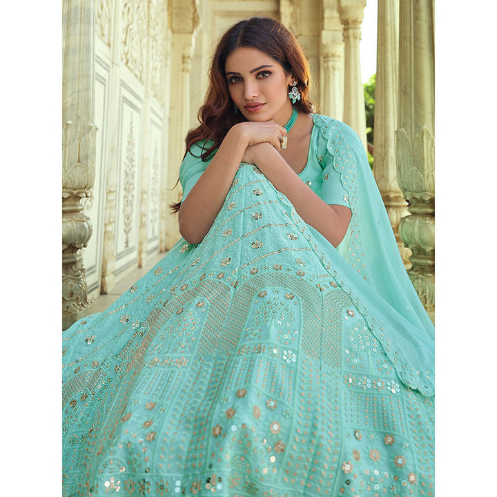 Odette Sea Green Embroidered Semi Stitched Lehenga with Unstitched Blouse and Dupatta (Set of 3)