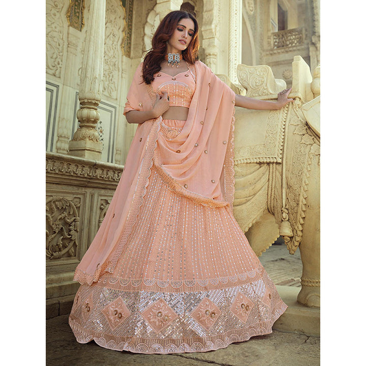 Odette Peach Embroidered Semi Stitched Lehenga with Unstitched Blouse and Dupatta (Set of 3)