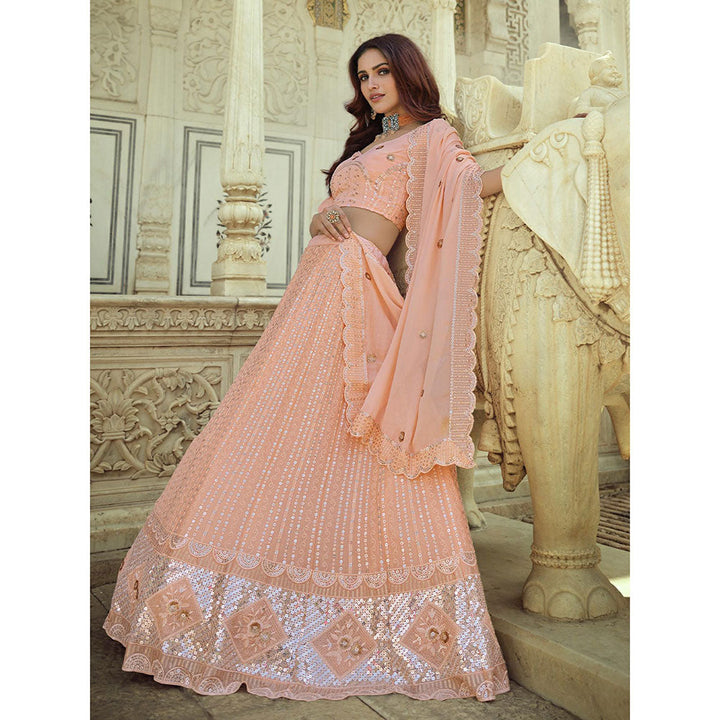 Odette Peach Embroidered Semi Stitched Lehenga with Unstitched Blouse and Dupatta (Set of 3)