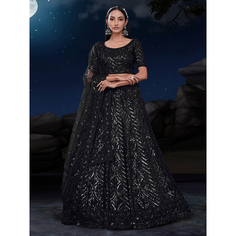 Odette Black Sequined Net Semi Stitched Lehenga with Unstitched Blouse and Dupatta (Set of 3)