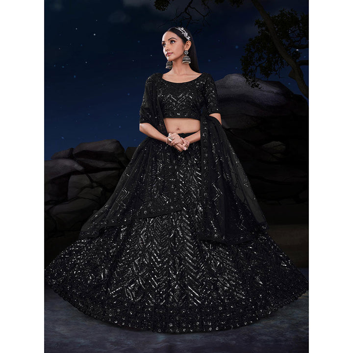 Odette Black Sequined Net Semi Stitched Lehenga with Unstitched Blouse and Dupatta (Set of 3)