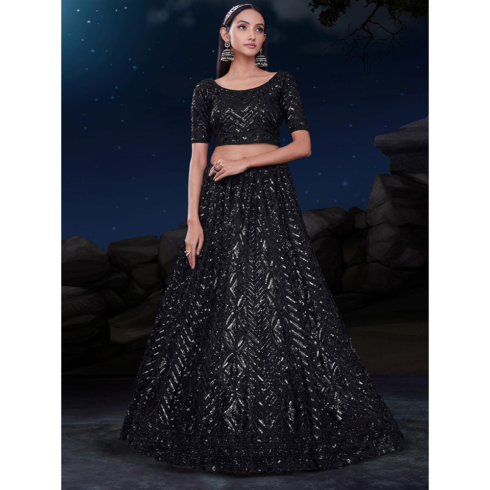 Odette Black Sequined Net Semi Stitched Lehenga with Unstitched Blouse and Dupatta (Set of 3)