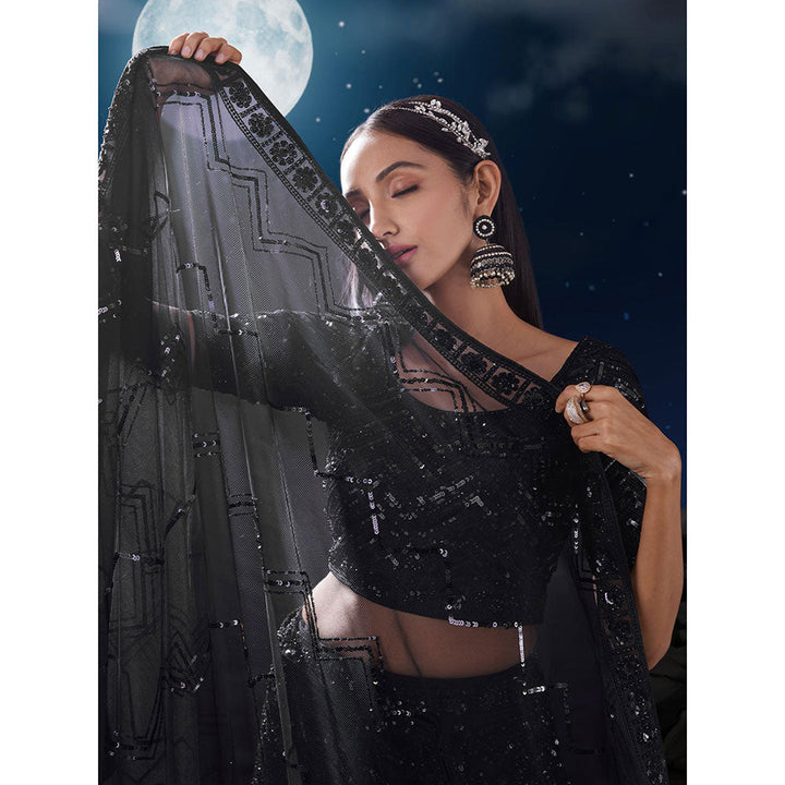 Odette Black Sequined Net Semi Stitched Lehenga with Unstitched Blouse and Dupatta (Set of 3)