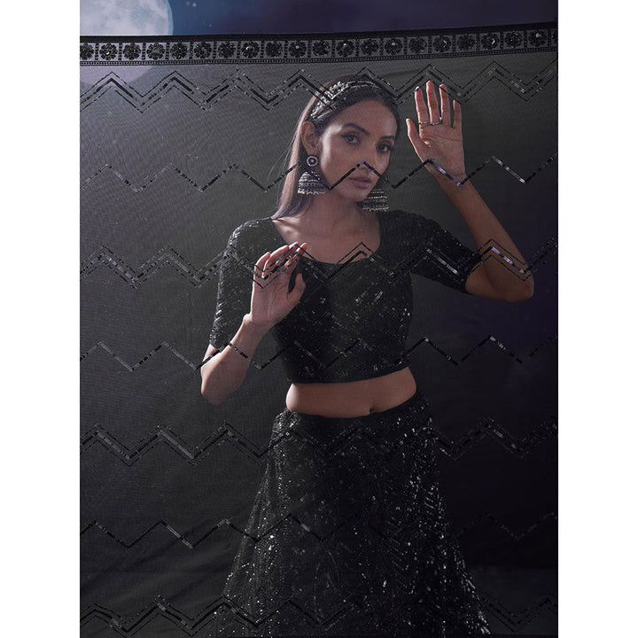 Odette Black Sequined Net Semi Stitched Lehenga with Unstitched Blouse and Dupatta (Set of 3)