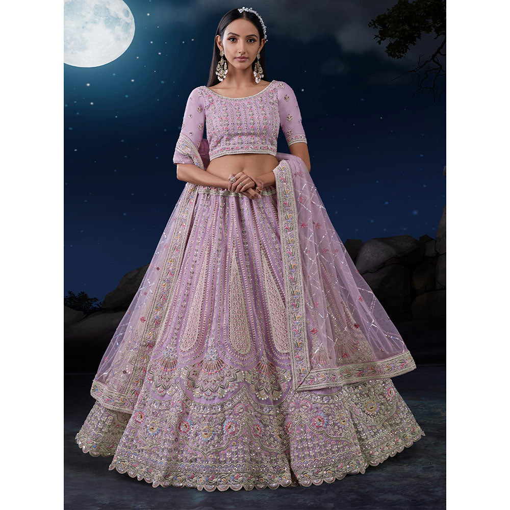 Odette Lavender Embroidered Net Semi Stitched Lehenga with Unstitched Blouse and Dupatta (Set of 3)