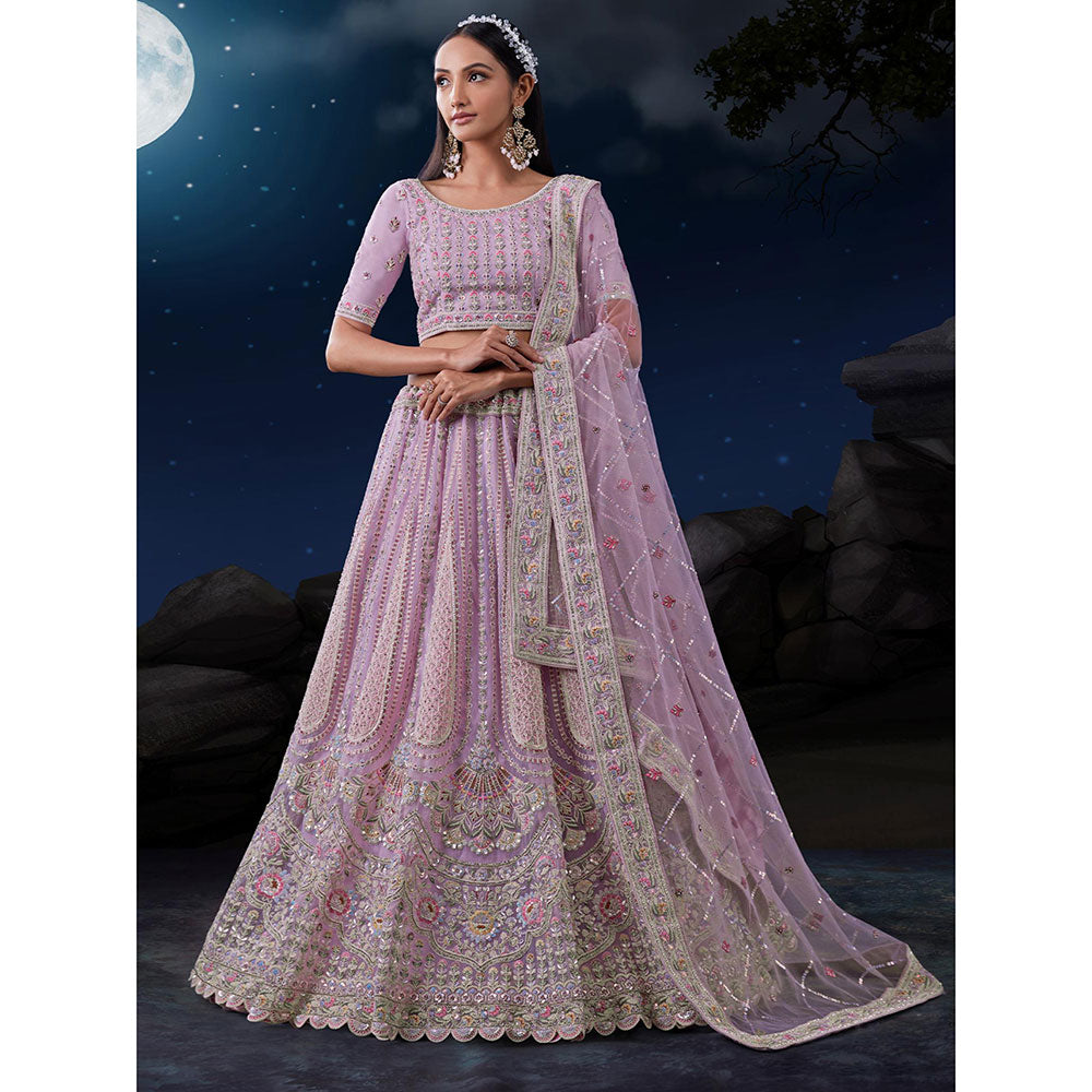 Odette Lavender Embroidered Net Semi Stitched Lehenga with Unstitched Blouse and Dupatta (Set of 3)