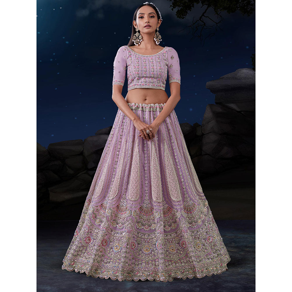 Odette Lavender Embroidered Net Semi Stitched Lehenga with Unstitched Blouse and Dupatta (Set of 3)