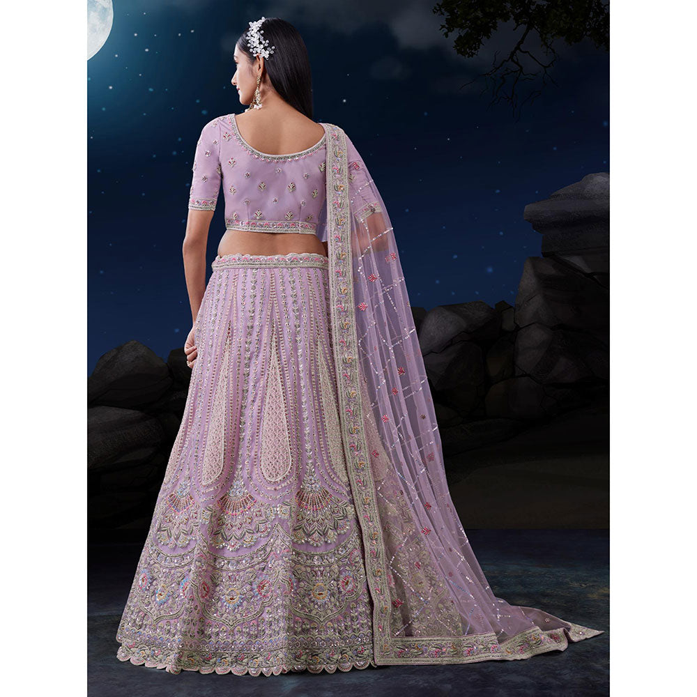 Odette Lavender Embroidered Net Semi Stitched Lehenga with Unstitched Blouse and Dupatta (Set of 3)