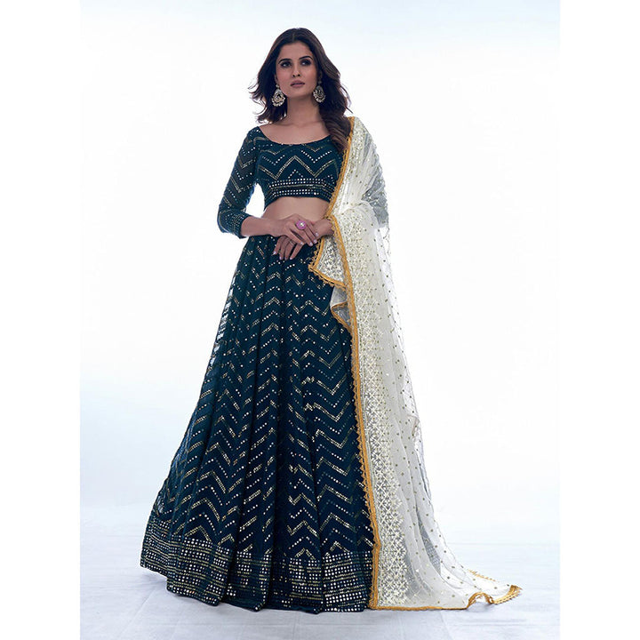 Odette Navy Blue Sequined Semi Stitched Lehenga with Unstitched Blouse and Dupatta (Set of 3)