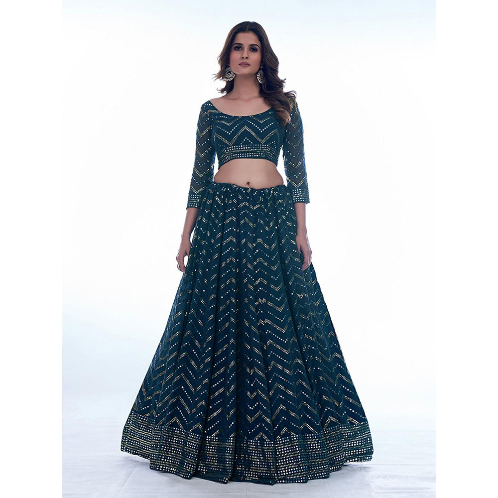 Odette Navy Blue Sequined Semi Stitched Lehenga with Unstitched Blouse and Dupatta (Set of 3)