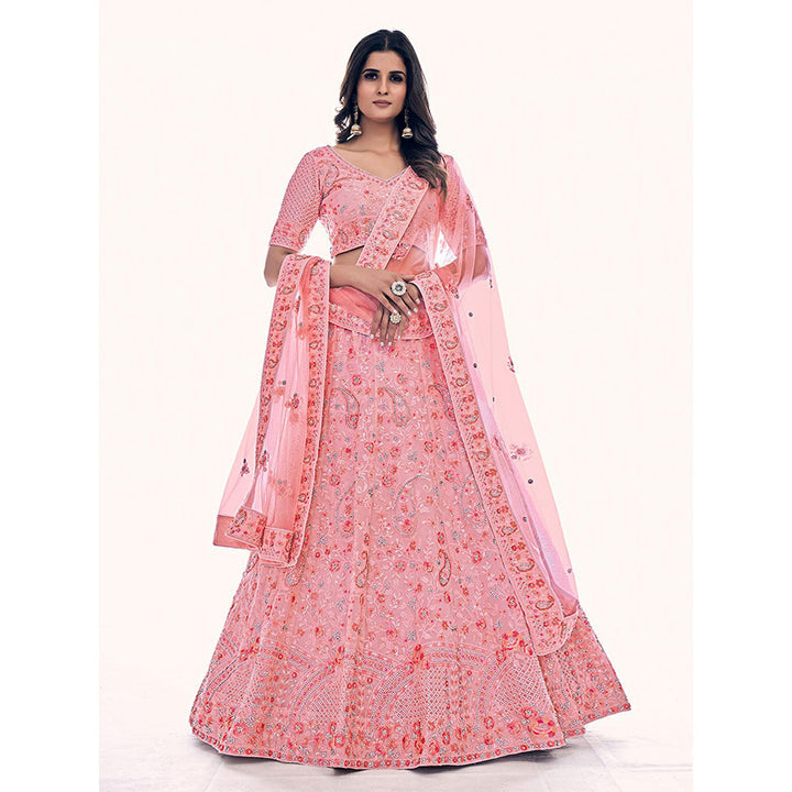 Odette Pink Embroidered Net Semi Stitched Lehenga with Unstitched Blouse and Dupatta (Set of 3)