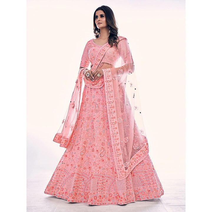 Odette Pink Embroidered Net Semi Stitched Lehenga with Unstitched Blouse and Dupatta (Set of 3)