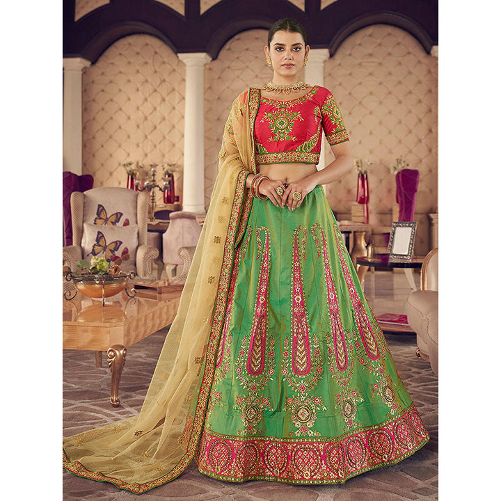 Odette Green-Red Embroidered Semi Stitched Lehenga with Unstitched Blouse and Dupatta (Set of 3)