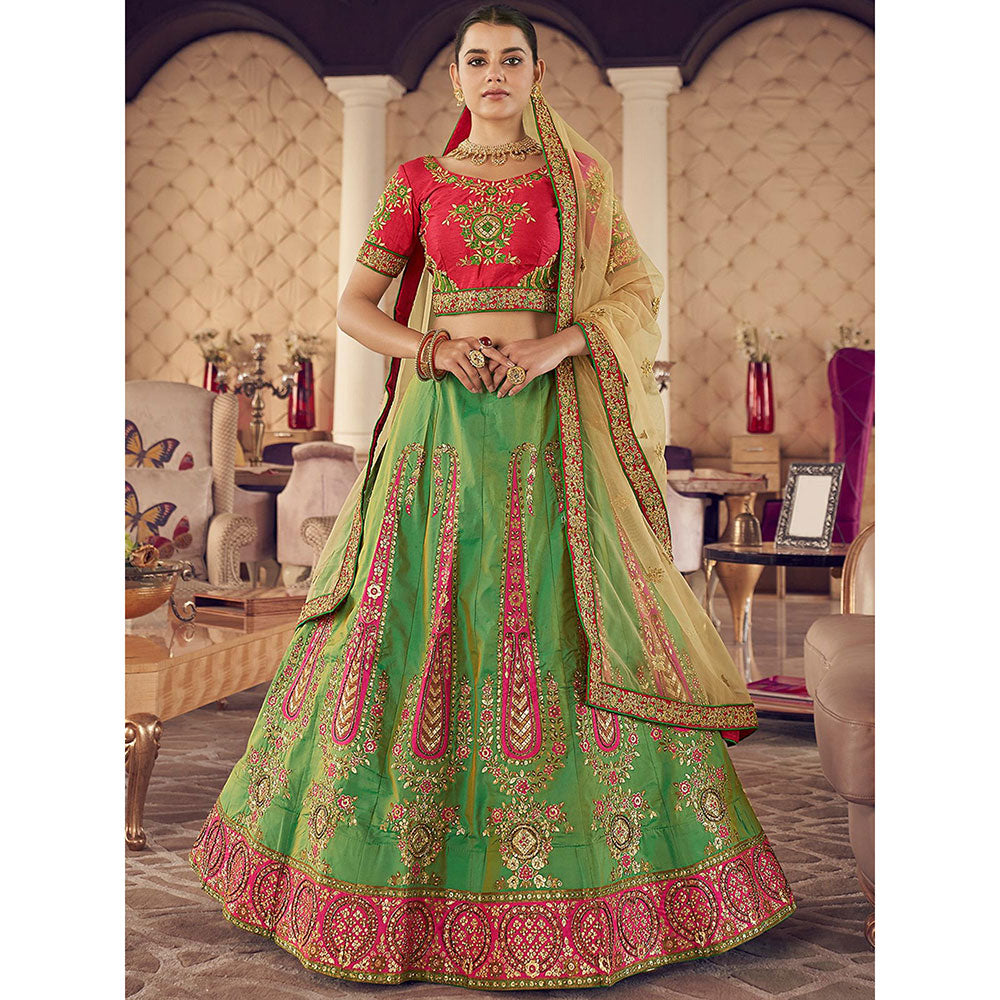 Odette Green-Red Embroidered Semi Stitched Lehenga with Unstitched Blouse and Dupatta (Set of 3)