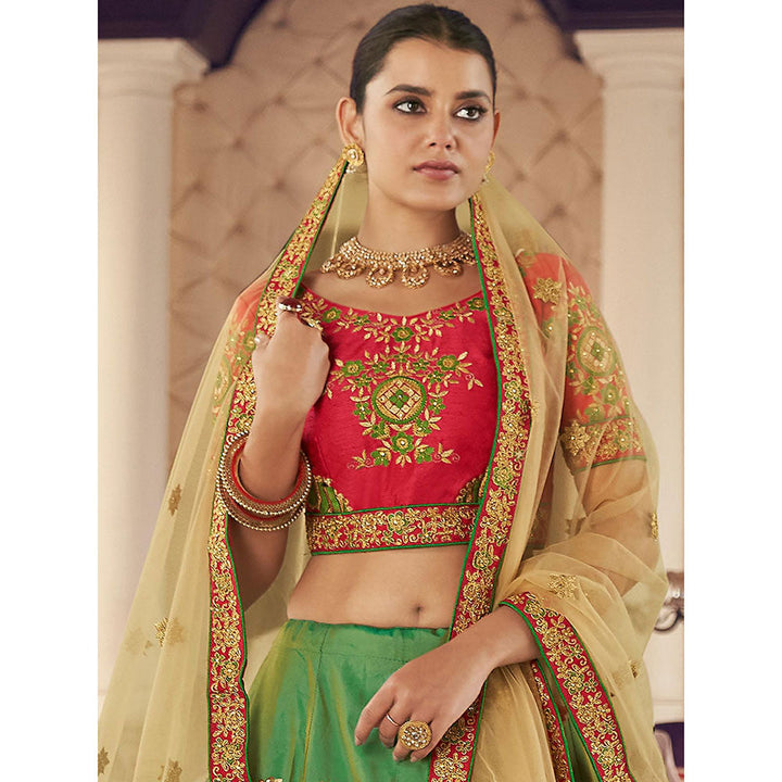 Odette Green-Red Embroidered Semi Stitched Lehenga with Unstitched Blouse and Dupatta (Set of 3)