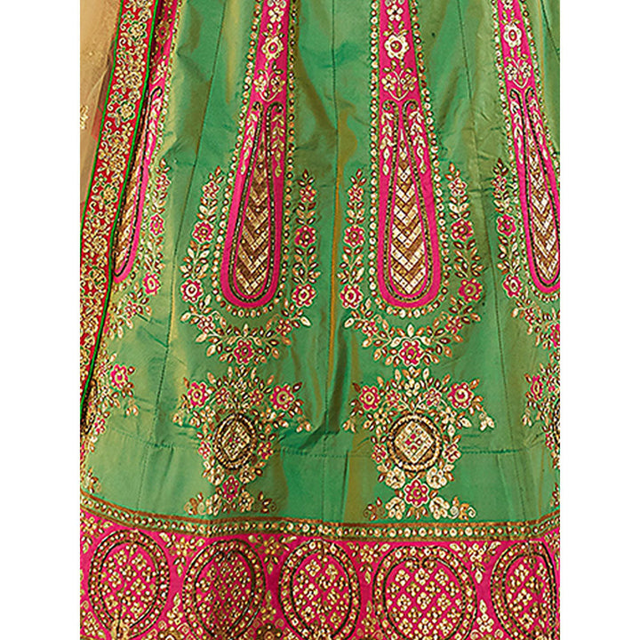 Odette Green-Red Embroidered Semi Stitched Lehenga with Unstitched Blouse and Dupatta (Set of 3)