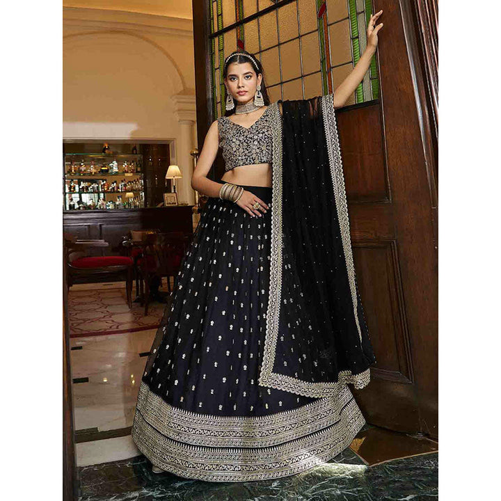 Odette Black Embroidered Net Semi Stitched Lehenga with Unstitched Blouse and Dupatta (Set of 3)